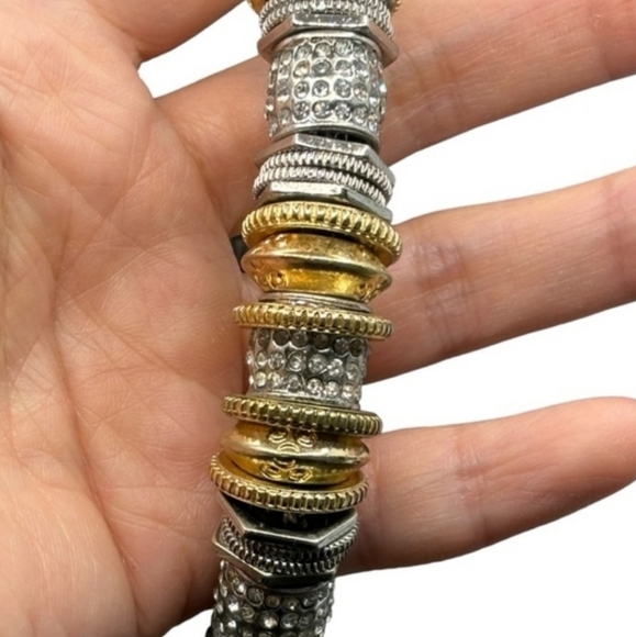 Chico’s Metallic Faux Leather Multi Braids Rhinestone Two Tone Beads Necklace - Picture 8 of 11